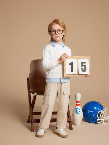 PrepCrw Young Boys' College Back To School Season Blue Collar Long Sleeve Shirts With Squirrel Embroidery, Autumn/Winter