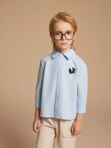 PrepCrw Young Boys' College Back To School Season Blue Collar Long Sleeve Shirts With Squirrel Embroidery, Autumn/Winter