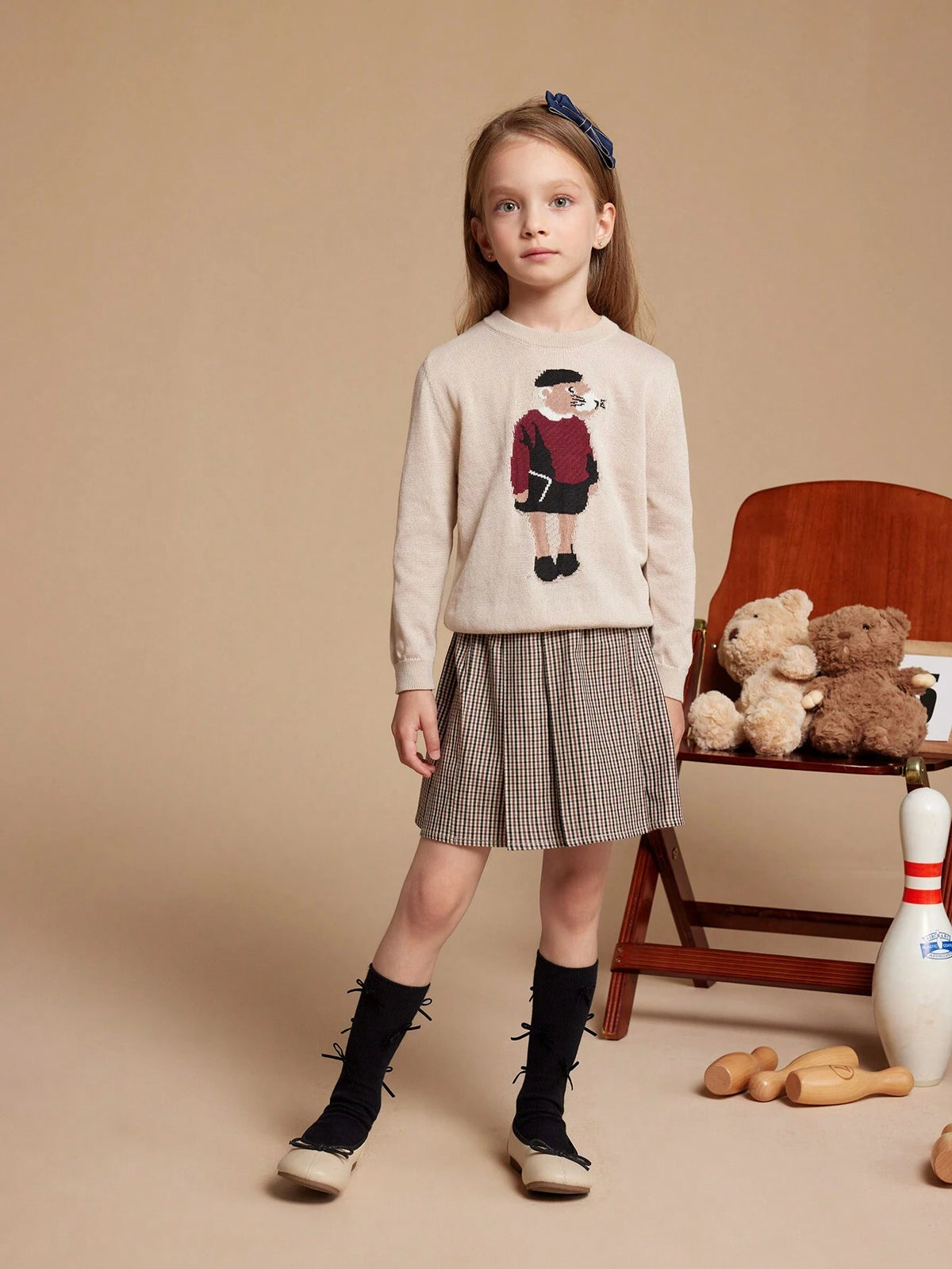 PrepCrw Young Girl Cartoon Animal Pattern Crew Neck Long Sleeve Casual Sweater, Autumn/Winter