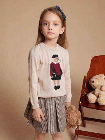 PrepCrw Young Girl Cartoon Animal Pattern Crew Neck Long Sleeve Casual Sweater, Autumn/Winter