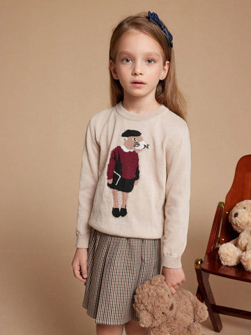 PrepCrw Young Girl Cartoon Animal Pattern Crew Neck Long Sleeve Casual Sweater, Autumn/Winter