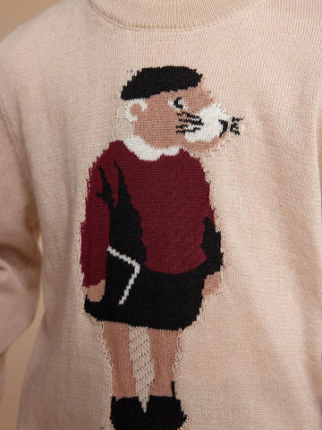 PrepCrw Young Girl Cartoon Animal Pattern Crew Neck Long Sleeve Casual Sweater, Autumn/Winter