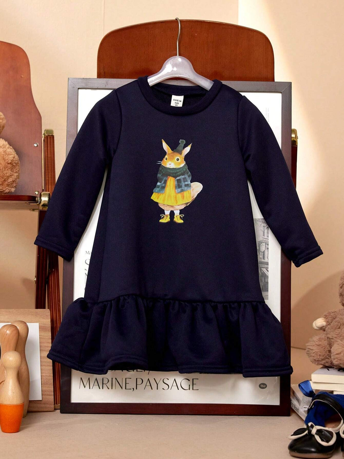 PrepCrw Young Girl Cartoon Animal Print Round Neck Long Sleeve Ruffle Hem Casual Dress, Autumn