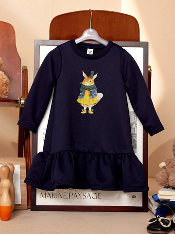 PrepCrw Young Girl Cartoon Animal Print Round Neck Long Sleeve Ruffle Hem Casual Dress, Autumn