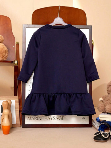 PrepCrw Young Girl Cartoon Animal Print Round Neck Long Sleeve Ruffle Hem Casual Dress, Autumn