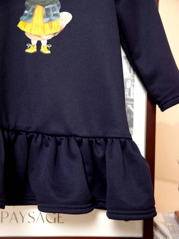 PrepCrw Young Girl Cartoon Animal Print Round Neck Long Sleeve Ruffle Hem Casual Dress, Autumn