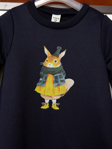 PrepCrw Young Girl Cartoon Animal Print Round Neck Long Sleeve Ruffle Hem Casual Dress, Autumn