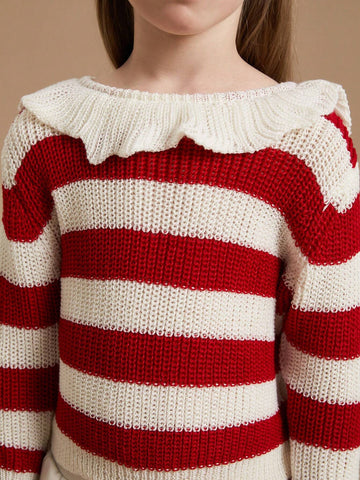 PrepCrw Young Girl Casual Colorblock Striped Drop Shoulder Sweater, Suitable For Autumn And Winter