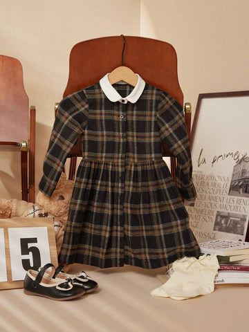 PrepCrw Young Girl Casual Vintage Plaid Front Button Closure Dress, Autumn