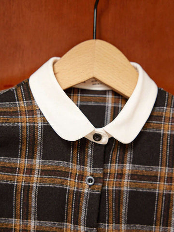 PrepCrw Young Girl Casual Vintage Plaid Front Button Closure Dress, Autumn