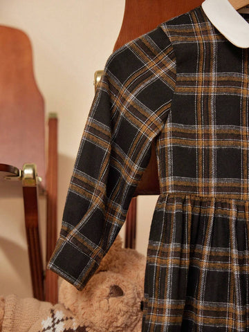 PrepCrw Young Girl Casual Vintage Plaid Front Button Closure Dress, Autumn