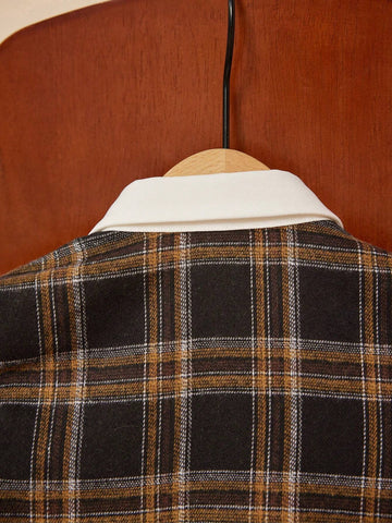 PrepCrw Young Girl Casual Vintage Plaid Front Button Closure Dress, Autumn