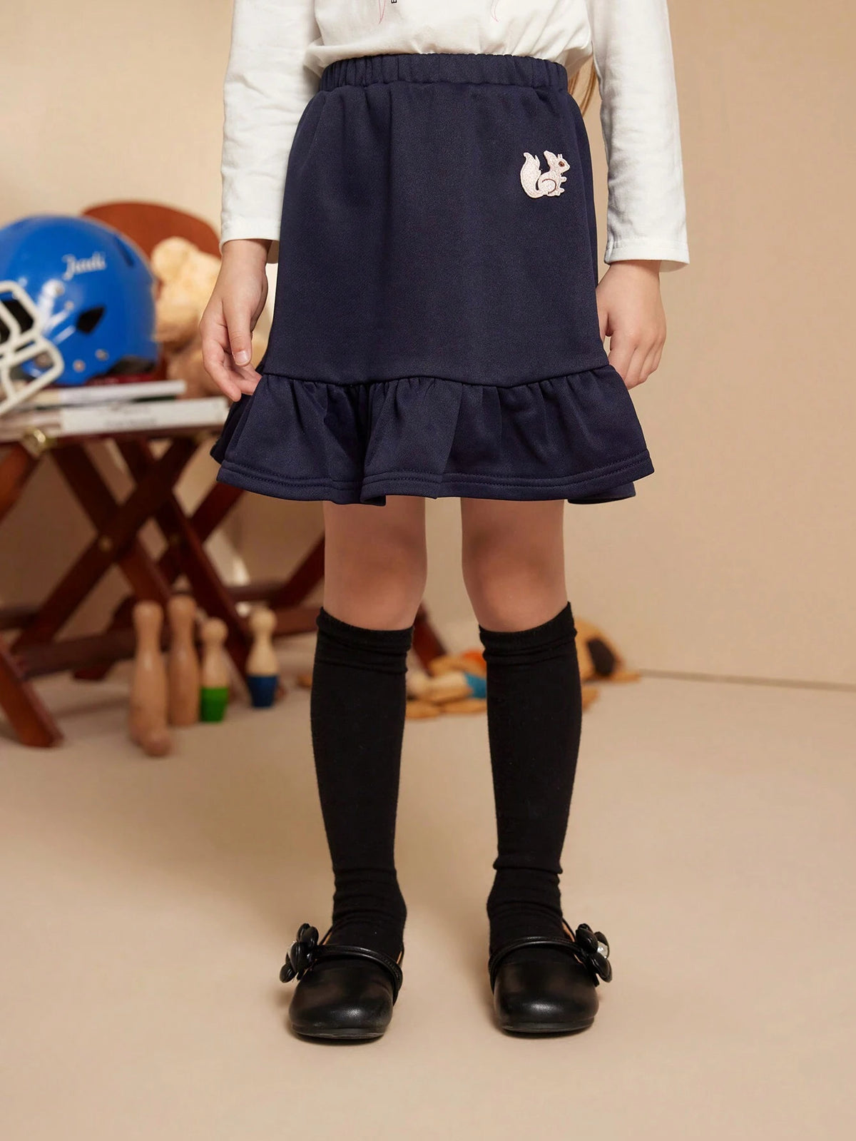 PrepCrw Young Girl Squirrel Print Elastic Waist Ruffle Hem Cute A-Line Mini Skirt