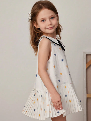 PrepCrw Young Girl Summer Collegiate Style Heart Print Pleated Hem Sleeveless Cute Dress