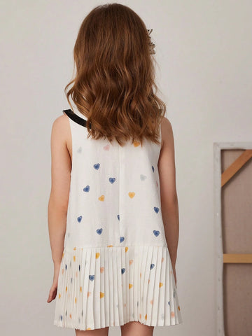 PrepCrw Young Girl Summer Collegiate Style Heart Print Pleated Hem Sleeveless Cute Dress