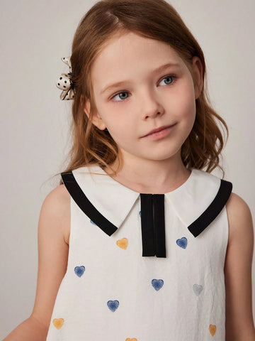 PrepCrw Young Girl Summer Collegiate Style Heart Print Pleated Hem Sleeveless Cute Dress