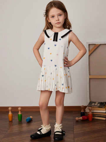 PrepCrw Young Girl Summer Collegiate Style Heart Print Pleated Hem Sleeveless Cute Dress
