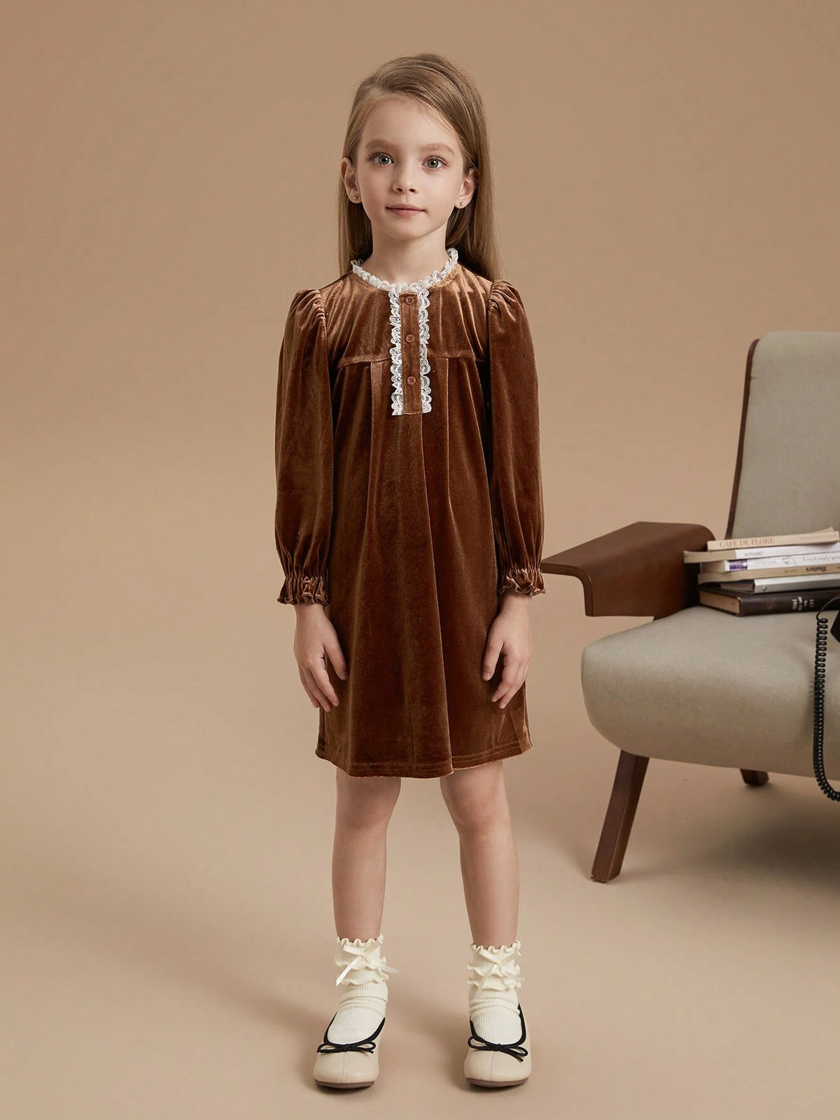 PrepCrw Young Girls Academy Style Brown Floral Lace Decorated Loose Fit Crew Neck Woven Dress, Autumn/Winter
