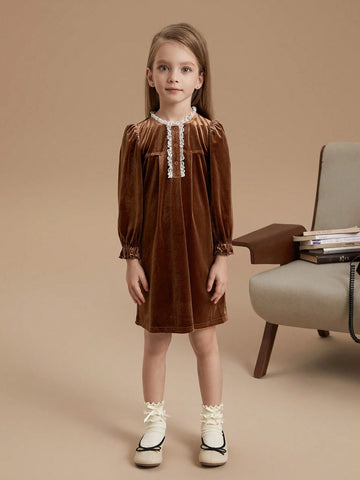 PrepCrw Young Girls Academy Style Brown Floral Lace Decorated Loose Fit Crew Neck Woven Dress, Autumn/Winter