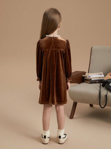 PrepCrw Young Girls Academy Style Brown Floral Lace Decorated Loose Fit Crew Neck Woven Dress, Autumn/Winter