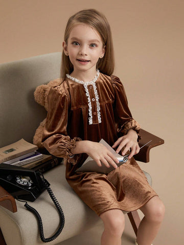 PrepCrw Young Girls Academy Style Brown Floral Lace Decorated Loose Fit Crew Neck Woven Dress, Autumn/Winter