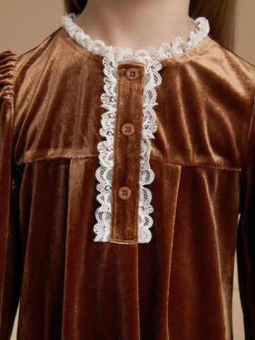 PrepCrw Young Girls Academy Style Brown Floral Lace Decorated Loose Fit Crew Neck Woven Dress, Autumn/Winter