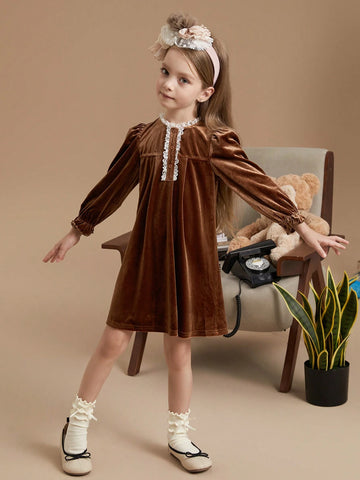 PrepCrw Young Girls Academy Style Brown Floral Lace Decorated Loose Fit Crew Neck Woven Dress, Autumn/Winter