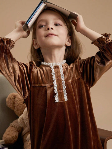 PrepCrw Young Girls Academy Style Brown Floral Lace Decorated Loose Fit Crew Neck Woven Dress, Autumn/Winter