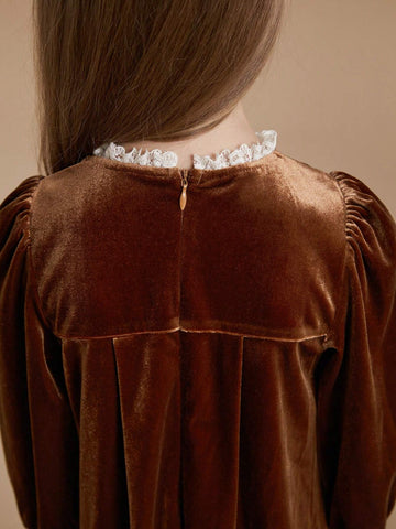 PrepCrw Young Girls Academy Style Brown Floral Lace Decorated Loose Fit Crew Neck Woven Dress, Autumn/Winter