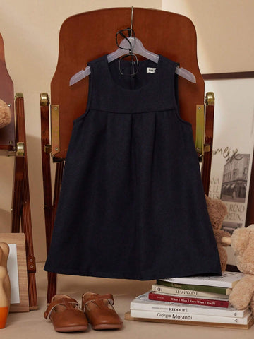 PrepCrw Young Girls Academy Style Navy Collared Woven Bodycon Sleeveless Dress, Back To School