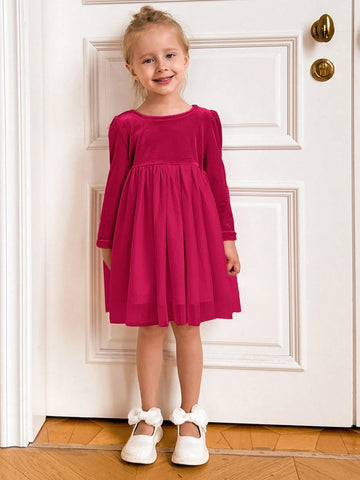 PrepCrw Young Girls' Academy Style Patchwork Loose Long Sleeve Dress, Back To School Season, Autumn/Winter