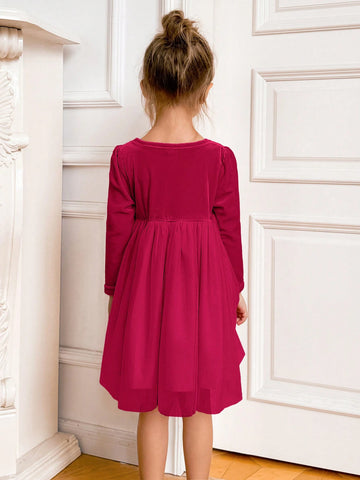 PrepCrw Young Girls' Academy Style Patchwork Loose Long Sleeve Dress, Back To School Season, Autumn/Winter