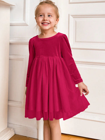 PrepCrw Young Girls' Academy Style Patchwork Loose Long Sleeve Dress, Back To School Season, Autumn/Winter