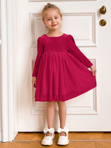 PrepCrw Young Girls' Academy Style Patchwork Loose Long Sleeve Dress, Back To School Season, Autumn/Winter