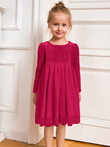 PrepCrw Young Girls' Academy Style Patchwork Loose Long Sleeve Dress, Back To School Season, Autumn/Winter