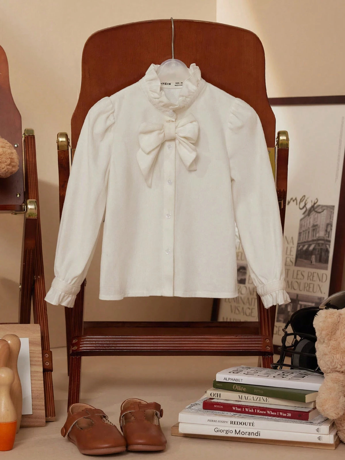 PrepCrw Young Girls Academy Style White Bowknot Woven Form Fitting Crew Neck Long Sleeve Top, Back To School Season