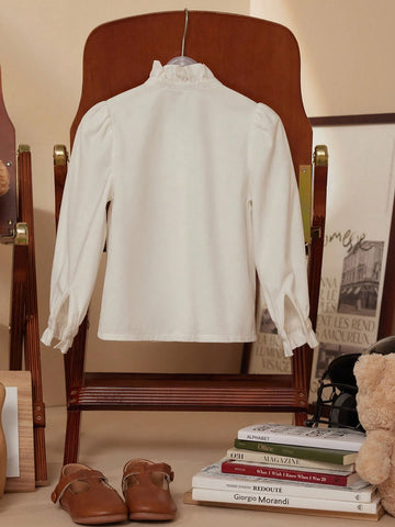 PrepCrw Young Girls Academy Style White Bowknot Woven Form Fitting Crew Neck Long Sleeve Top, Back To School Season