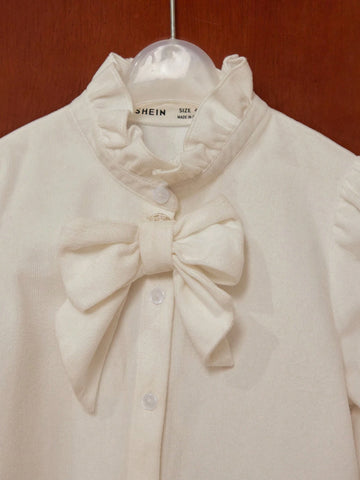 PrepCrw Young Girls Academy Style White Bowknot Woven Form Fitting Crew Neck Long Sleeve Top, Back To School Season