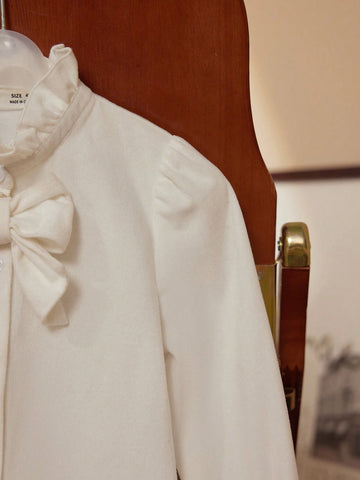 PrepCrw Young Girls Academy Style White Bowknot Woven Form Fitting Crew Neck Long Sleeve Top, Back To School Season