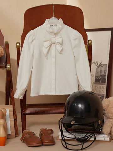 PrepCrw Young Girls Academy Style White Bowknot Woven Form Fitting Crew Neck Long Sleeve Top, Back To School Season