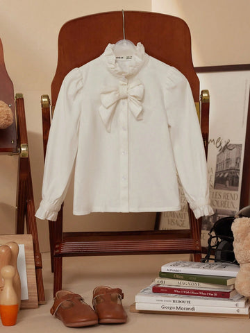 PrepCrw Young Girls Academy Style White Bowknot Woven Form Fitting Crew Neck Long Sleeve Top, Back To School Season