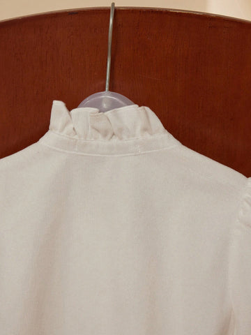 PrepCrw Young Girls Academy Style White Bowknot Woven Form Fitting Crew Neck Long Sleeve Top, Back To School Season