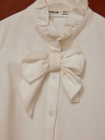 PrepCrw Young Girls Academy Style White Bowknot Woven Form Fitting Crew Neck Long Sleeve Top, Back To School Season