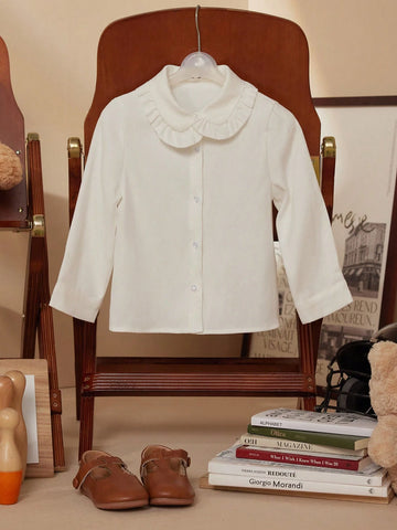 PrepCrw Young Girls Academy Style White Frill Collar Fitted Long Sleeve Shirt, Back To School Season