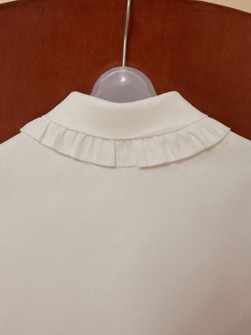PrepCrw Young Girls Academy Style White Frill Collar Fitted Long Sleeve Shirt, Back To School Season