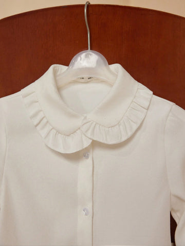 PrepCrw Young Girls Academy Style White Frill Collar Fitted Long Sleeve Shirt, Back To School Season