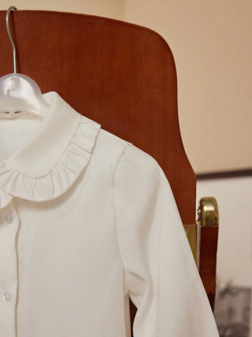 Young Girls Academy Style White Frill Collar Fitted Long Sleeve Shirt