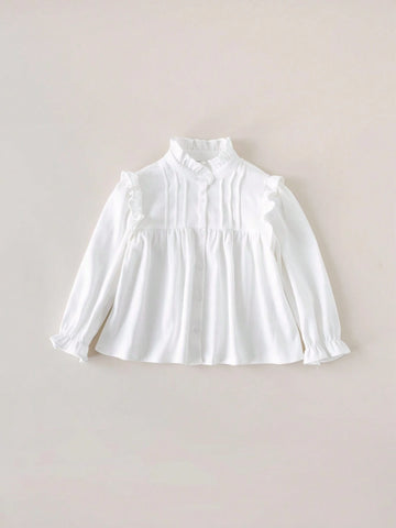 Young Girls Academy Style White Lace Trim Loose Long Sleeve Blouse Back To School Season