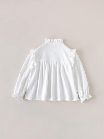 Young Girls Academy Style White Lace Trim Loose Long Sleeve Blouse Back To School Season