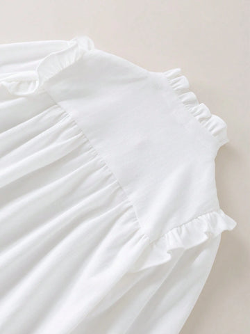 Young Girls Academy Style White Lace Trim Loose Long Sleeve Blouse Back To School Season